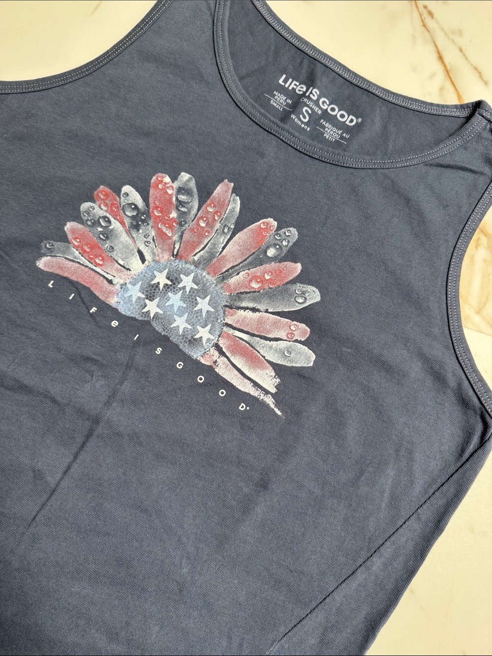 Life is Good American Sunflower Logo Crusher Tank Top Sz S Summer 4th of July